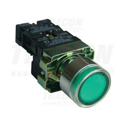 Nyomógomb komplett fém d22 3A világító zöld lapos visszaugró 1z csavaros kerek IP42 TRACON - NYGBW33Z